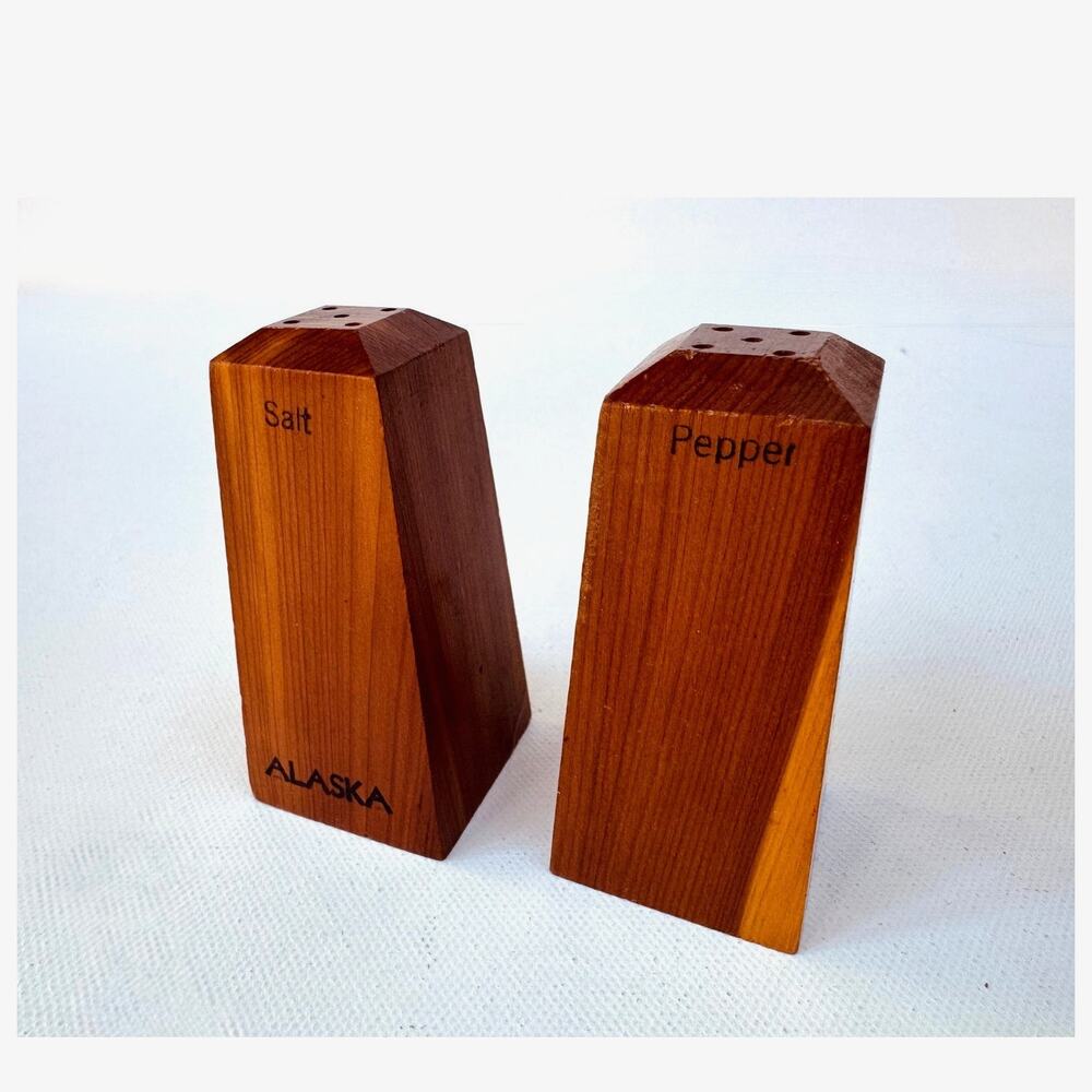 Vintage Alaska Cedar Salt & Pepper Shakers Wooden Geometric Set
